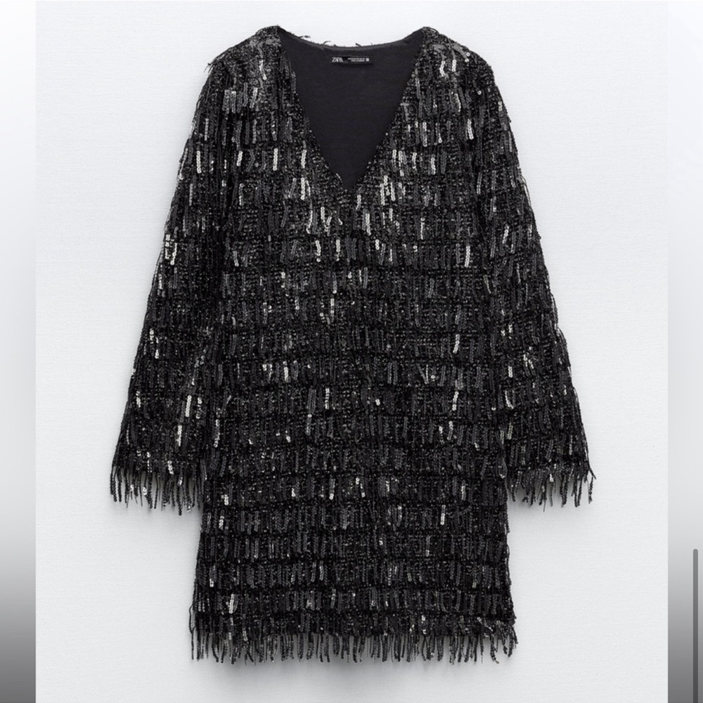 Zara black fringed sequin mini shift dress. NWT. XL